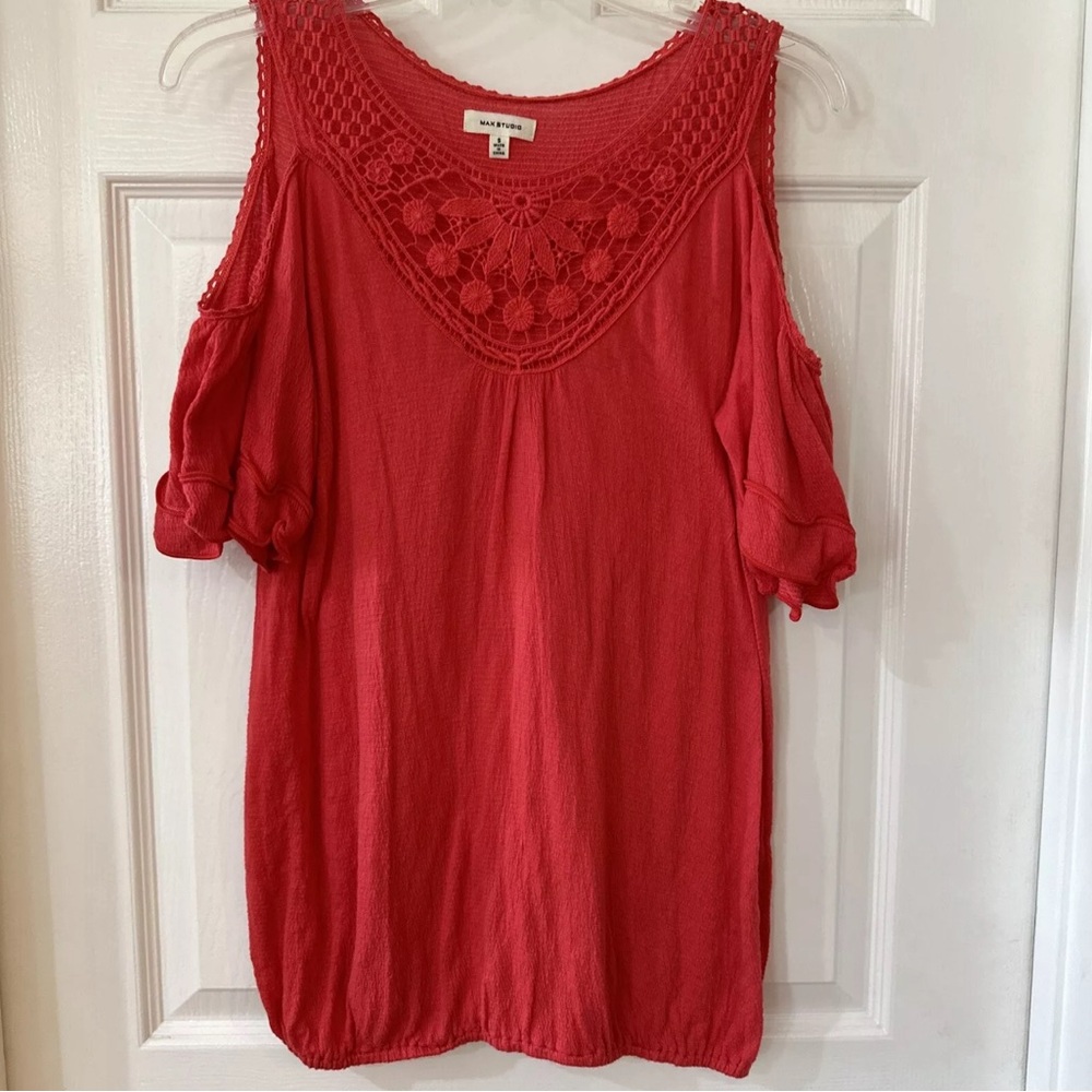 Max Studio Women's Small Blouse Cold Shoulder Coral Crochet Detail